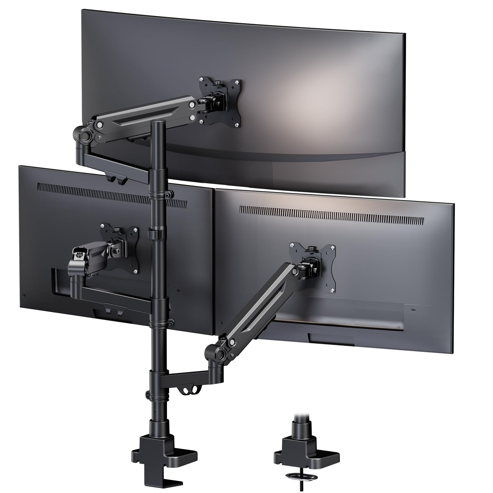 PUTORSEN Monitor Halterung 3 Monitore für 17-35 Zoll Bildschirm, Monitorhalterung 3 Monitore Höhenverstellbar mit 12 kg Pro Arm, 80 cm Stange Bildschirmhalterung Schwenkbar Neigbar, VESA 75/100 mm