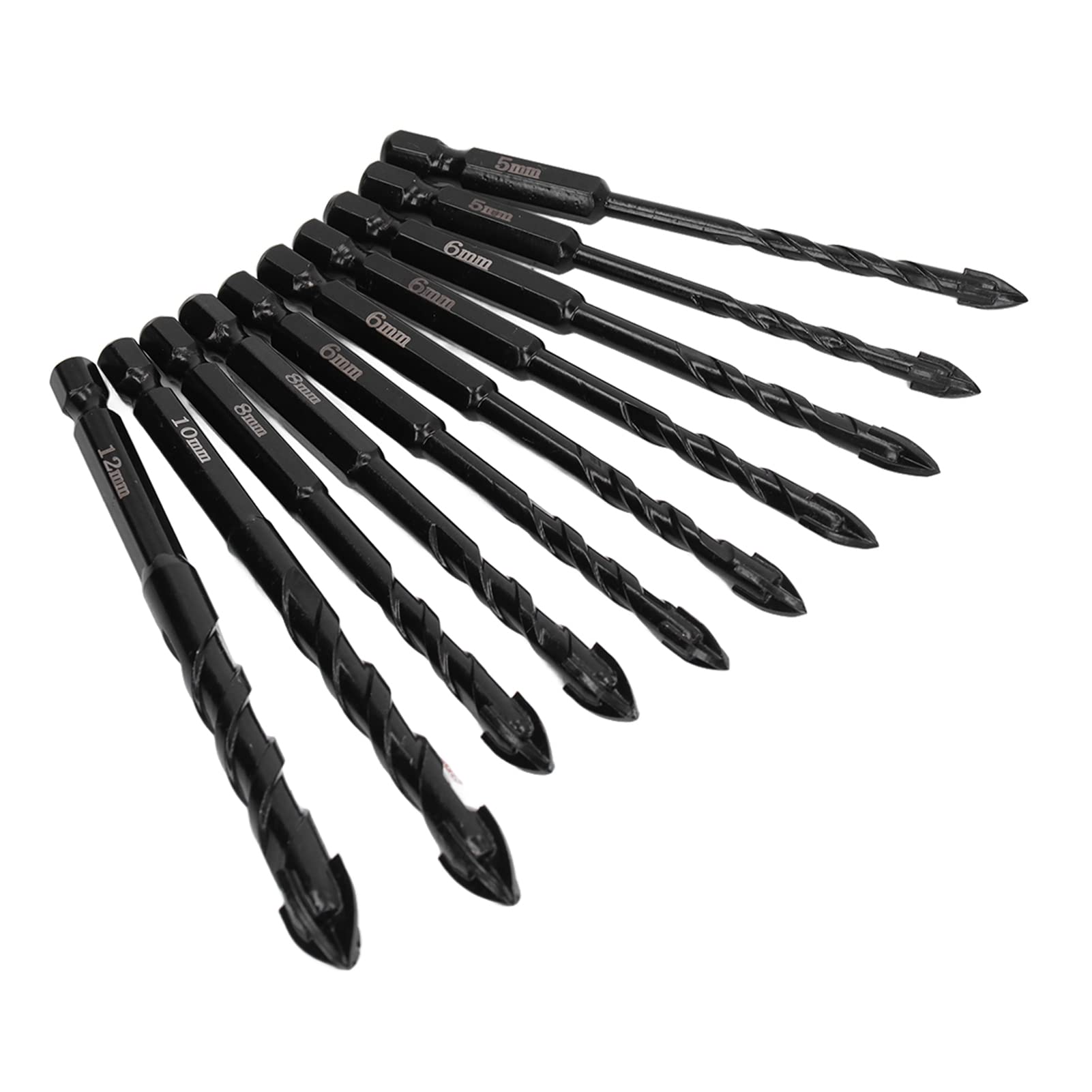 Respicefinem 10PCS Cross Screw Drill Bit Set with 3 Flute Cemented Carbide Masonry Twist Bits and Hex Shank Suitable for Multiple Materials Including Glass Ceramics Tiles and More