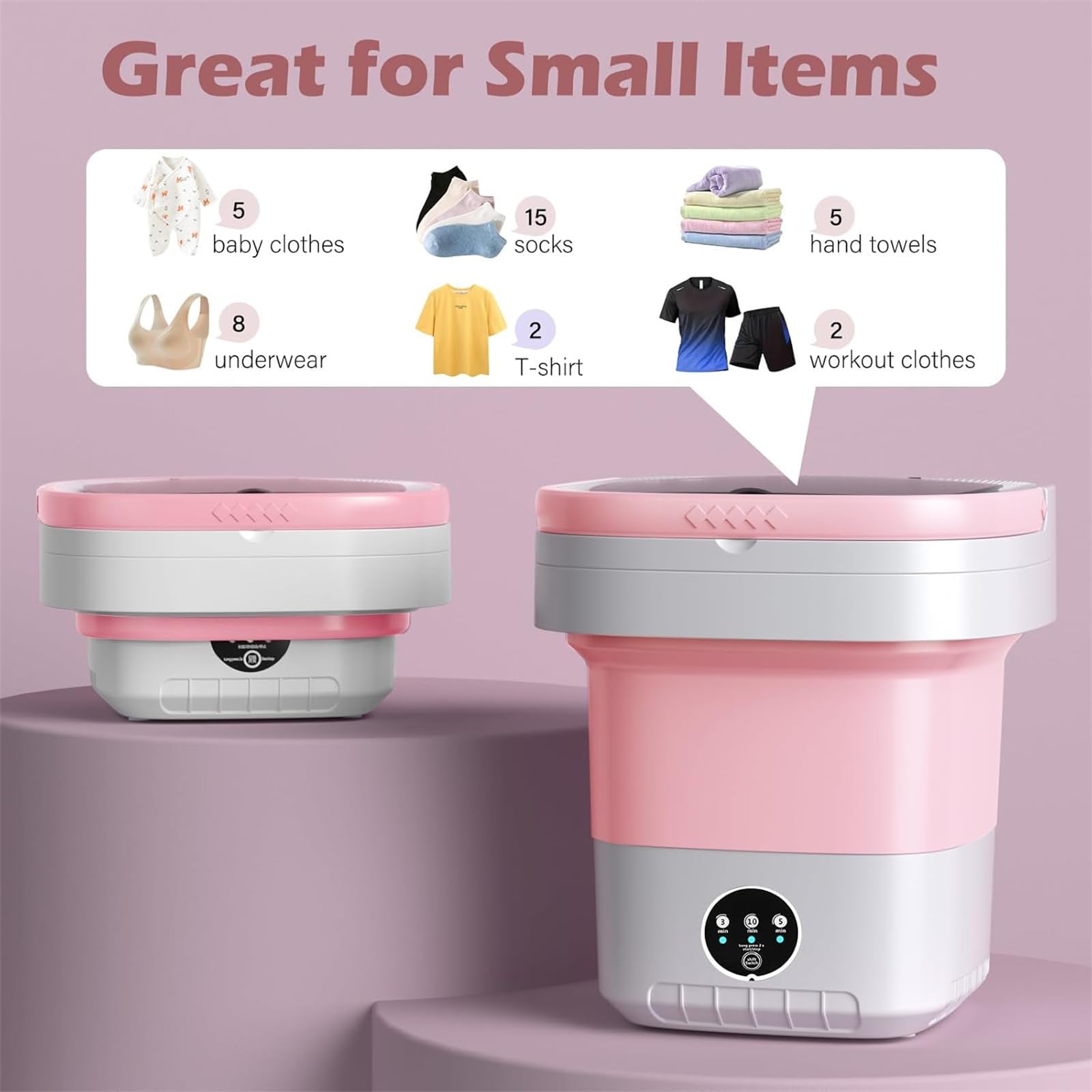 Mini lavatrice da 12 l, lavatrice portatile con cestello di centrifuga rimovibile pieghevole e compatta, 3 modalità tattili per appartamenti, dormitori e campeggio, rosa
