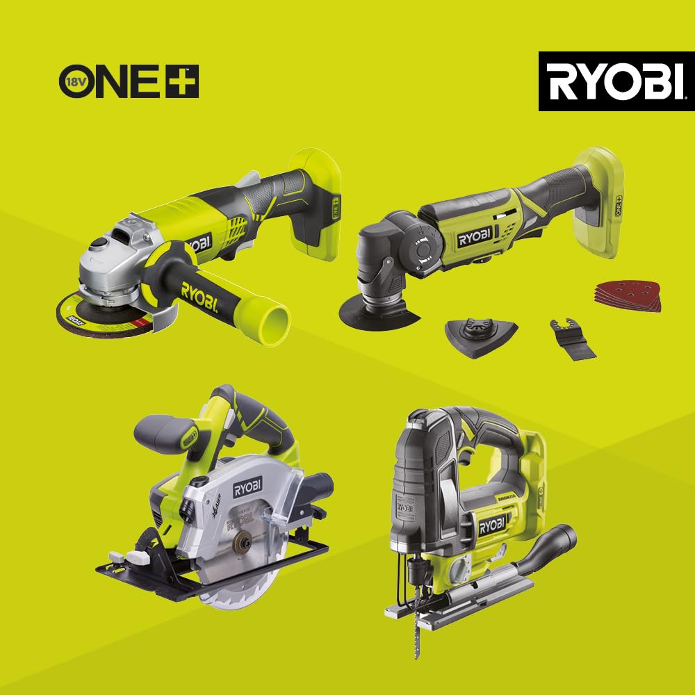 Ryobi - Zestaw 9 narzędzi 18V ONE+: Wiertarka, wkrętarka udarowa, szlifierka, wielofunkcyjne narzędzie, pistolet do klejenia, piła tarczowa, wyrzynarka, lampa, szlifierka + 2 baterie i ładowarka -