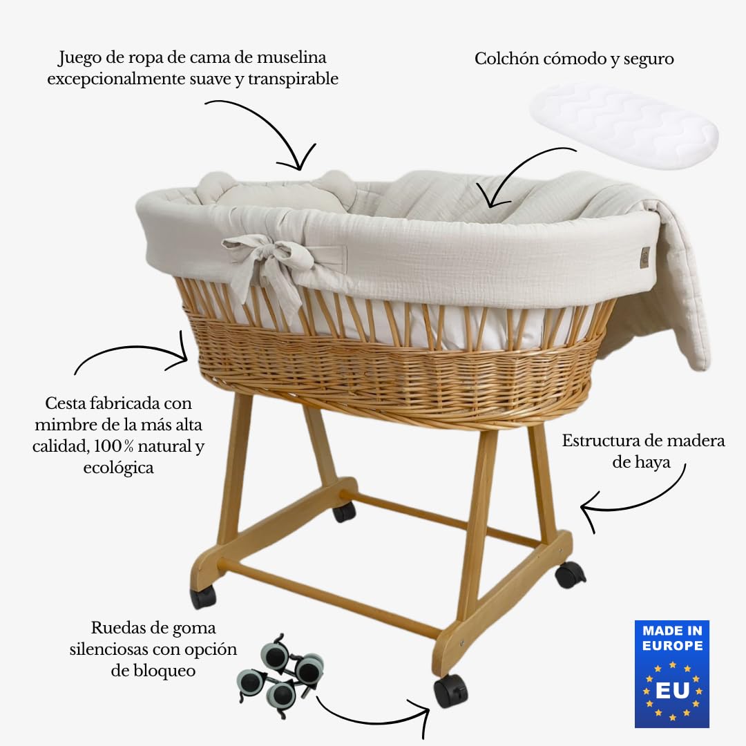 Wiklinopol Amelia moisés de mimbre con estructura y colchón – Cesta para bebé en color natural – Juego de ropa de cama de muselina beige – Cesta de mimbre portátil, ideal para recién nacidos