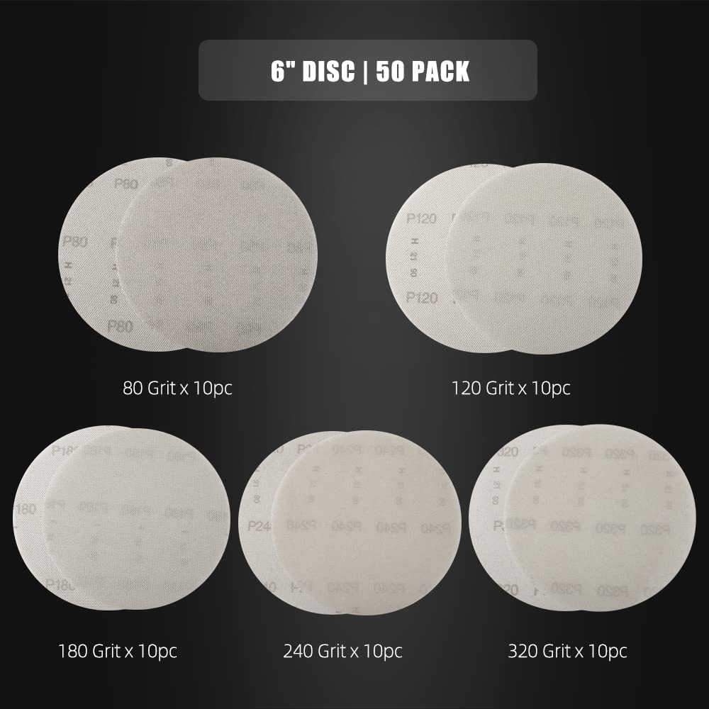 SPTA Abranet Disques abrasifs filet Ø 150mm Velcro, Lot de 50 (80/120/180/240/320 Grain)/Pour toutes les ponceuses excentriques et ponceuses 150mm