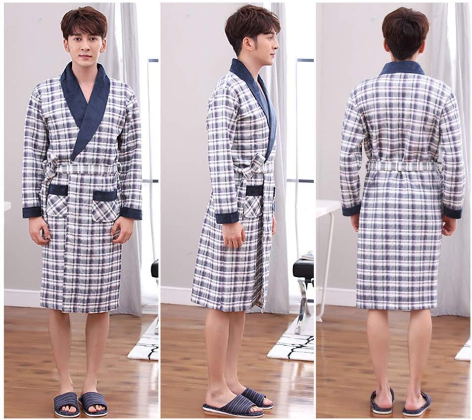 YYZKYTO Pajamas Men's Nightshirts Sleepwear Long-Sleeved Winter Sandwich Nightgown Warm and Comfortable Plus Size Bathrobe Dad Homewear,1-3XL