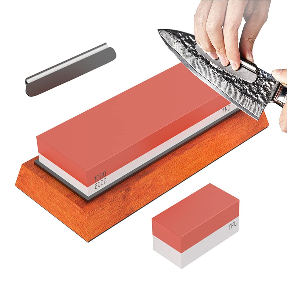 Kitchen Knife Sharpeners Whetstone Sharpening Stone Kit 1000/6000 with Non-Slip Bamboo Base Flattening Stone Angle Guide