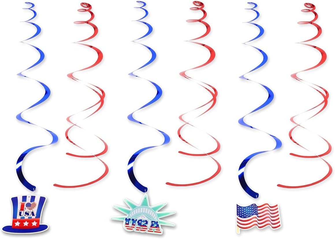 JOYOOY 6PCS 4th of July Hanging Swirl Ornaments America Independence Day Dangling Spiral Decoration Patriotic Party Supplies