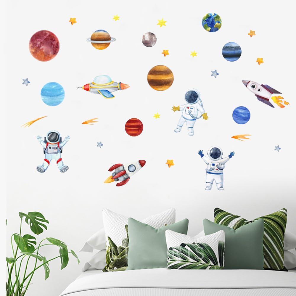 Outer 6 Sheets Space Astronaut Wall Stickers Space Planets Decal Solar System Decals Galaxy Astronaut Rocket Alien Wall Mural for Boys Kids Classroom Nursery Bedroom Home Decoration