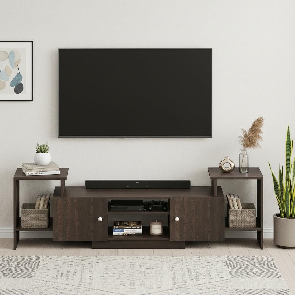 Image of FURNEASER Eptimal Engineered Wood TV Entertainment Unit for 75 Inch TV | Floor TV Stand & Cabinet with Shelves and Doors | Modern TV Unit (Wenge)