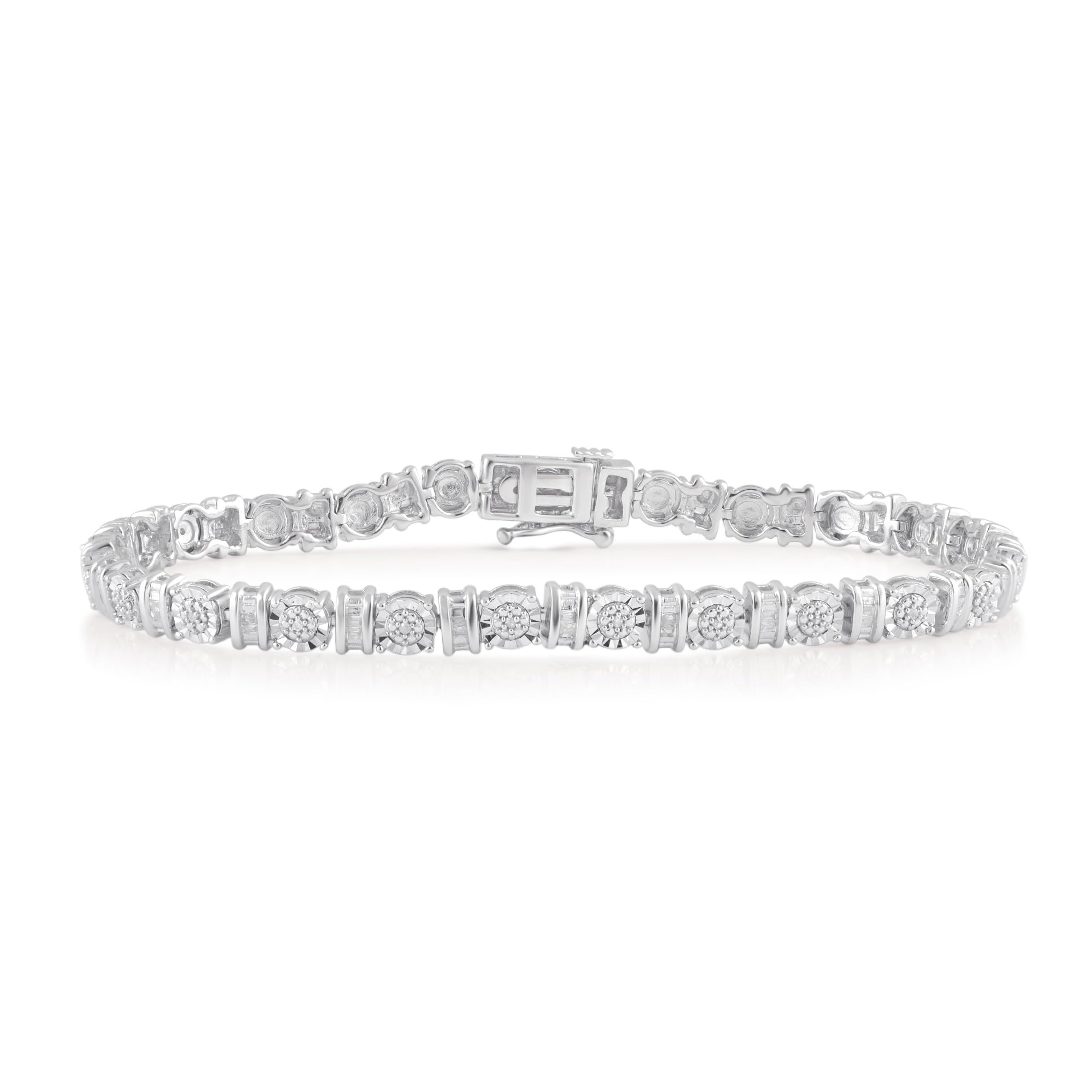 Beyond BrillianceDiamond Bracelet - 1/4 Carat Baguette and Round Cut Natural Diamond Tennis Bracelets for Women (J-K, I3) - Flash-plated Sterling Silver Jewelry - Gift Box Included