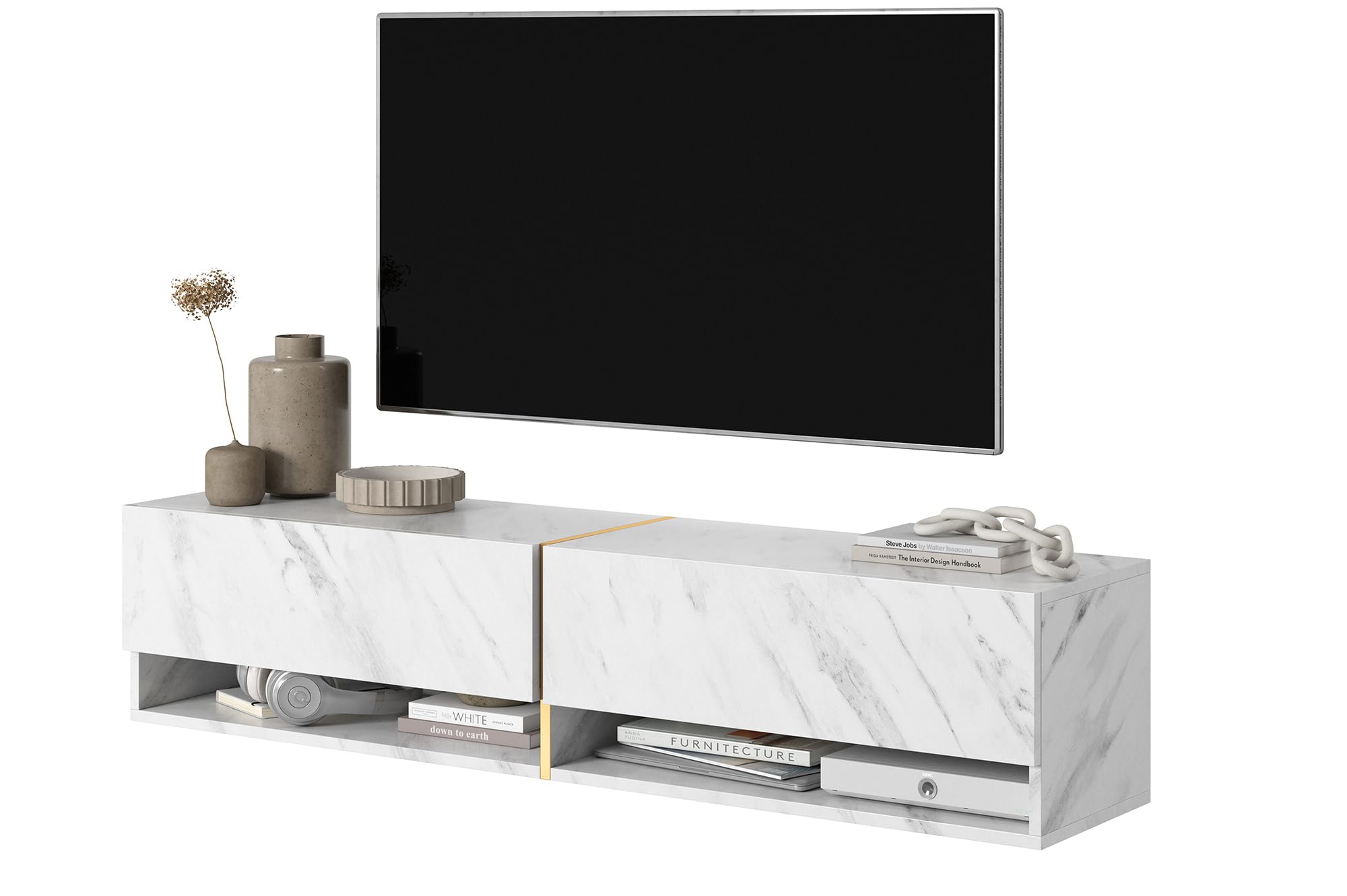 Selsey Mueble De TV Suspendido con 2 Puertas 2 Cajones Mesa De TV para Salón Dormitorio 140 cm Mármol Blanco con Inserción Dorada Mirrgo