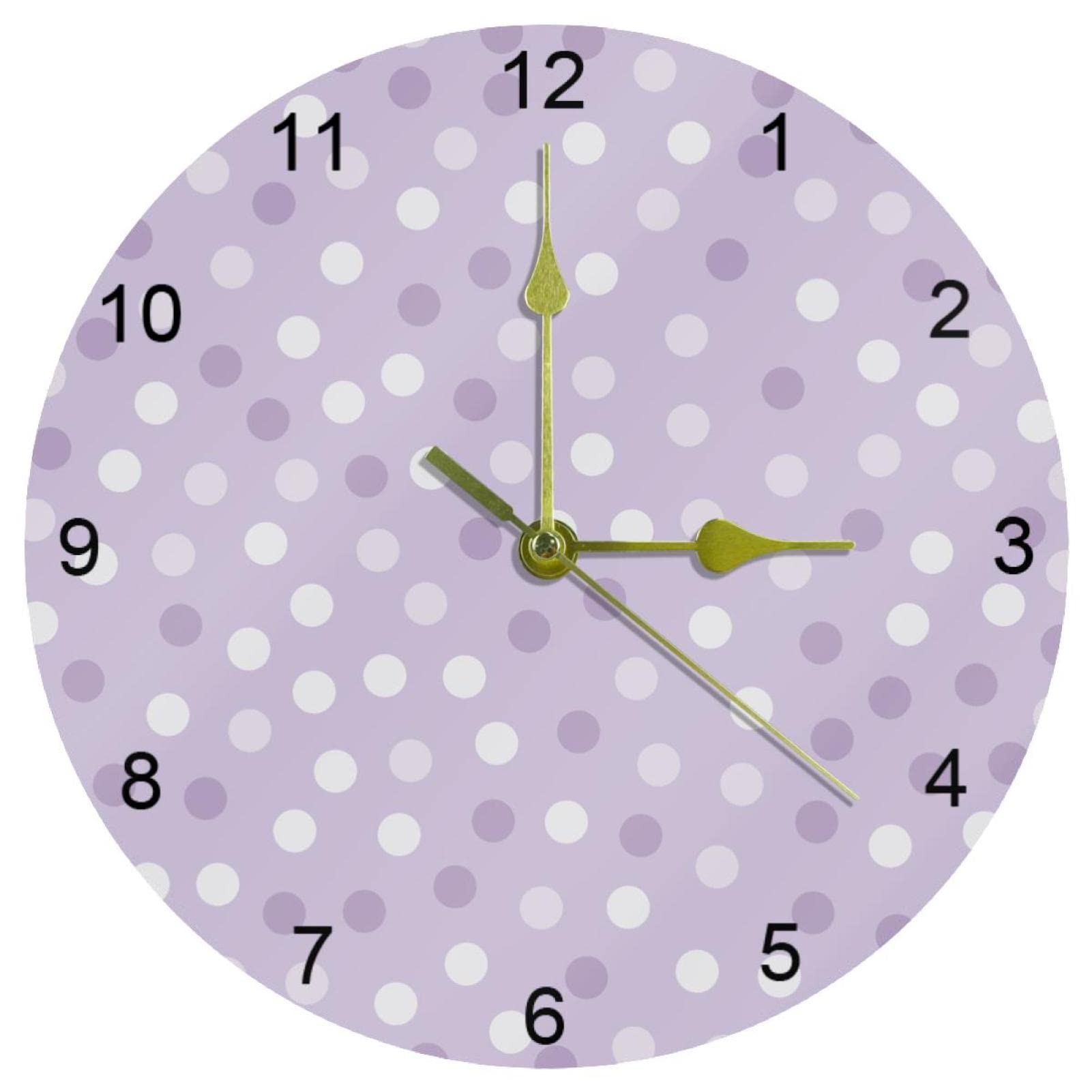 Horloge murale silencieuse ronde violette à pois de 25,4 cm facile à lire pour la cuisine