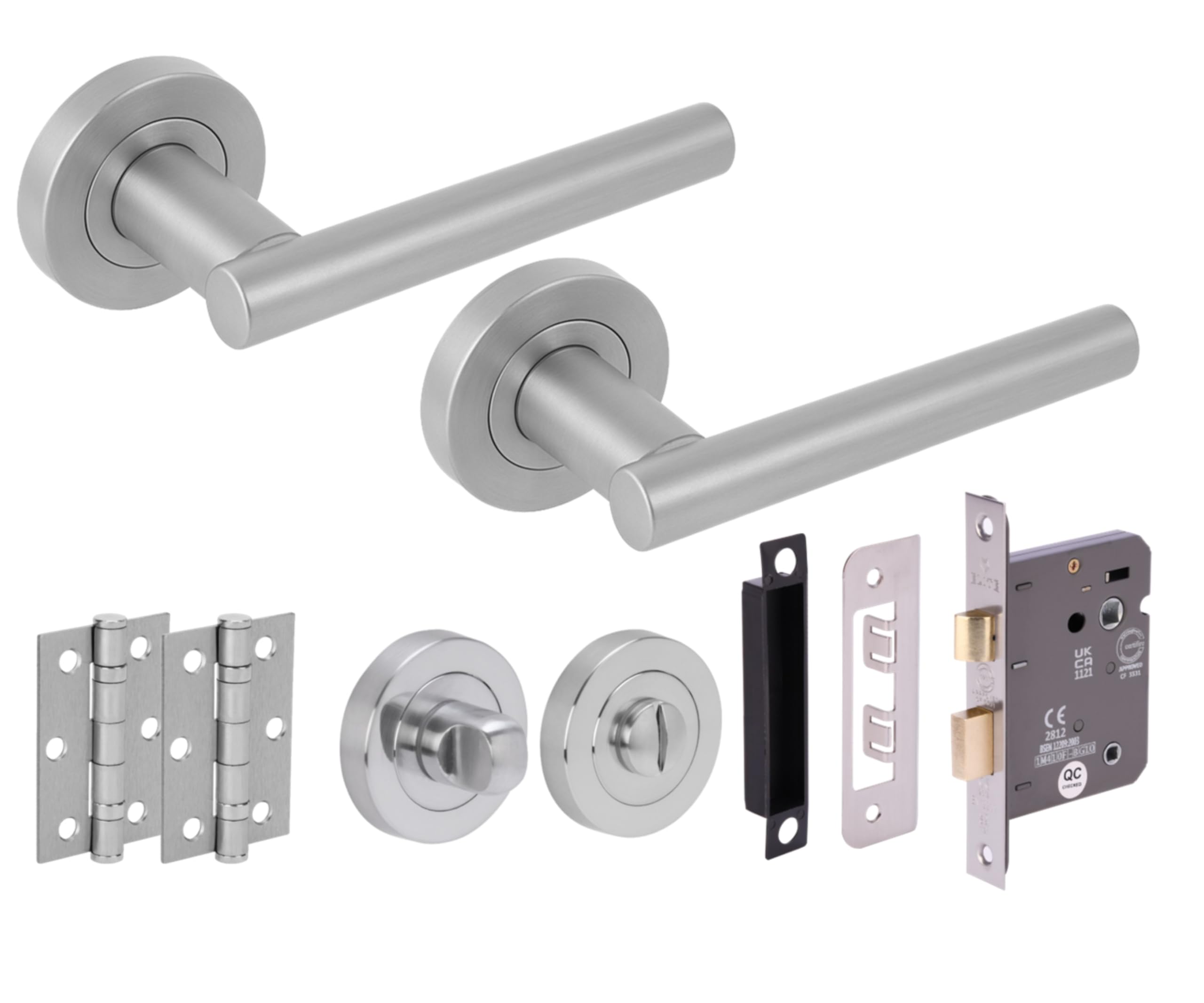 Hunta HANDLEZONE® Solus Door Handles on Rose Bathroom Lock Pack with Ball Bearing Hinges - Satin Chrome