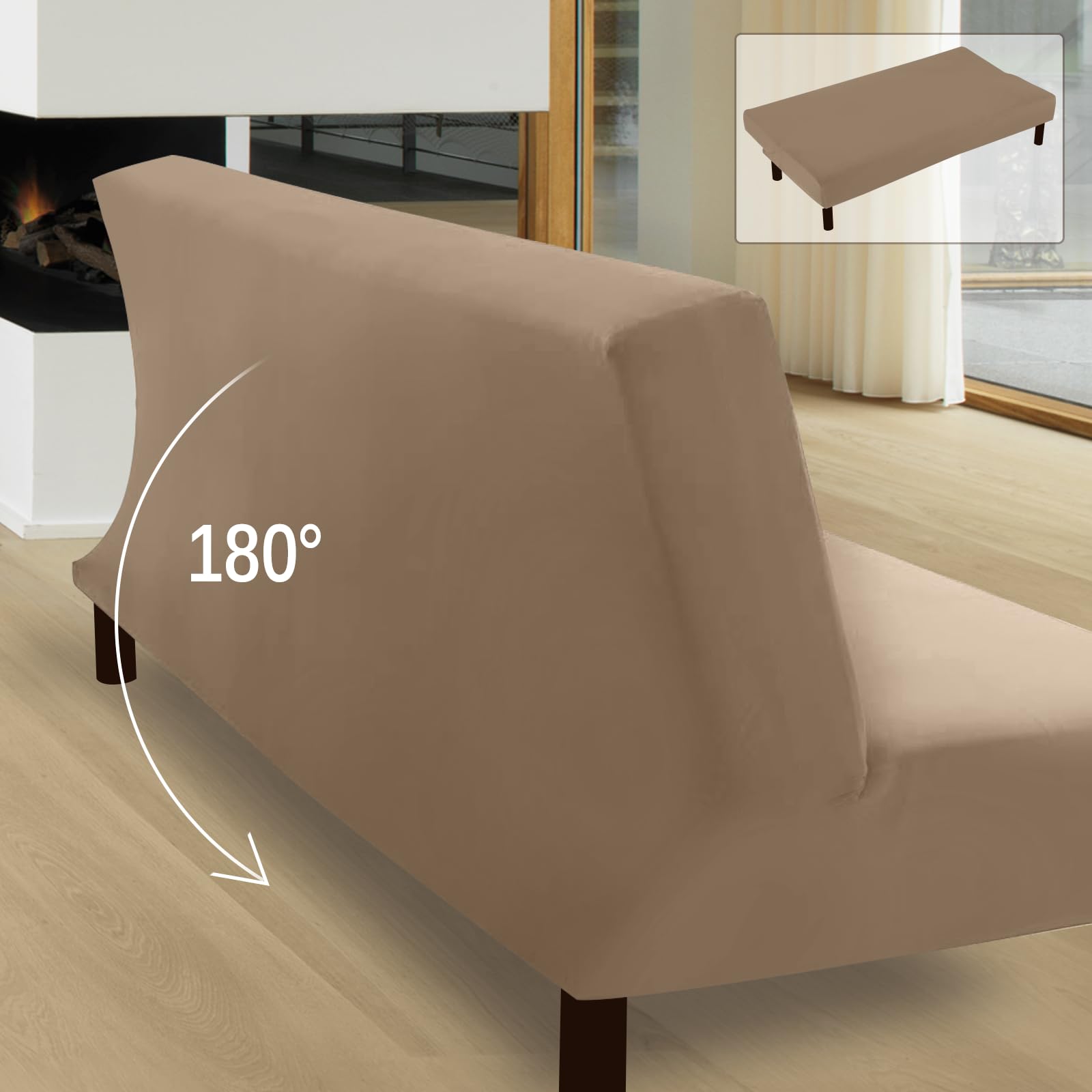 FIGOOO Copridivano senza Braccioli 3 Posti Elasticizzato Copridivano Letto Pieghevole Universale Spandex Fodera per Futon a Tinta Unita Coperture Divano Clic Clac per Soggiorno Casa,Marrone Rossastro