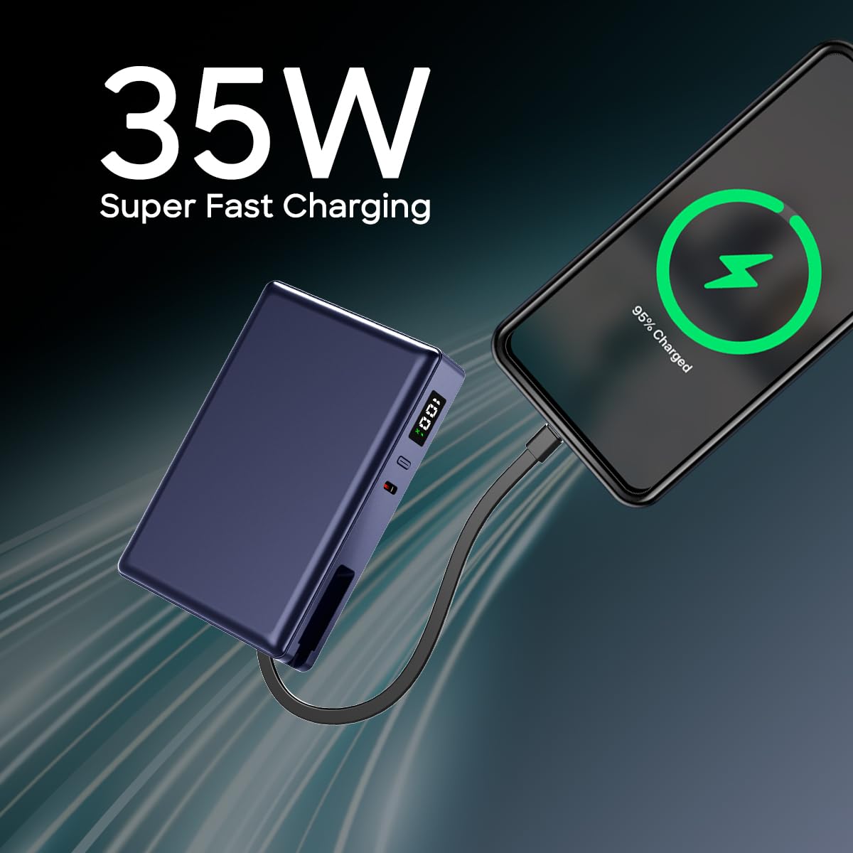 pTron Dynamo Sprint 20000mAh 35W Super Fast Charging, USB Type-C Input Power Bank Compatible with QC3.0/PD3.0, Built-in Charging Cable, 3 Charging Outputs, Type-C Input/Output Port (Indigo Blue) — Amazon image 2