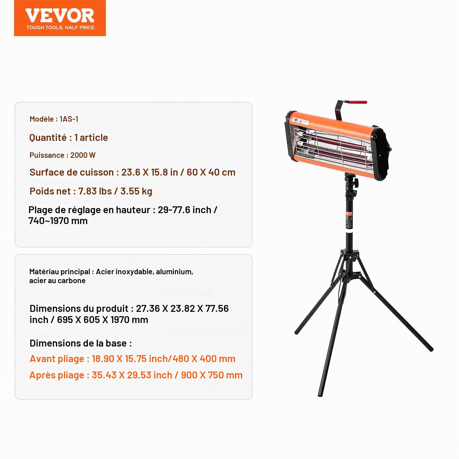 VEVOR Lampe polymérisation infrarouge double usage séchoir peinture portable sur pied, 2000 W, minuterie 0-90 min, chauffage auto pulvérisation 0,33 ㎡, lampe à polymériser avec support pour réparation