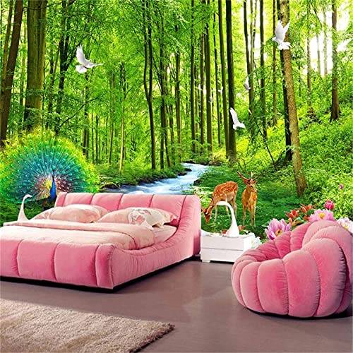 Woods And Streams Wallpaper Murals,Peacock Elk Bird 3D Print Wall Mural,Removable Self-Adhesive Wallpaper Peel And Stick For Living Room Bedroom Tv Background,138"W X 96"H -Pvc #TOP1