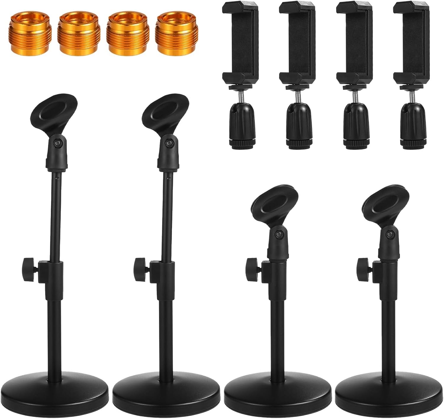 4 PCS Adjustable Desktop Microphone Stands, Desk Mic Holder with Mic Clip and Phone Clamp, Heavy Duty Metal Base, Includes 3/8 to 5/8 in Adapter