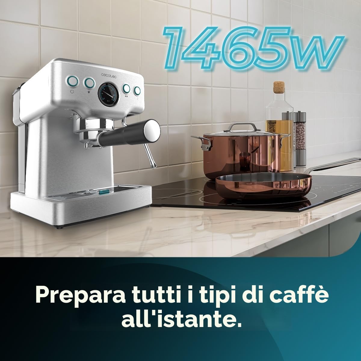 Cecotec Macchina da Caffè Express Barista Power Espresso 20 Barista Mini 1465 W, 20 bar, Manometro e ThermoblocK, Vaporizzatore Orientabile e Braccio con Doppia Uscita, 1,8 L di Capacità