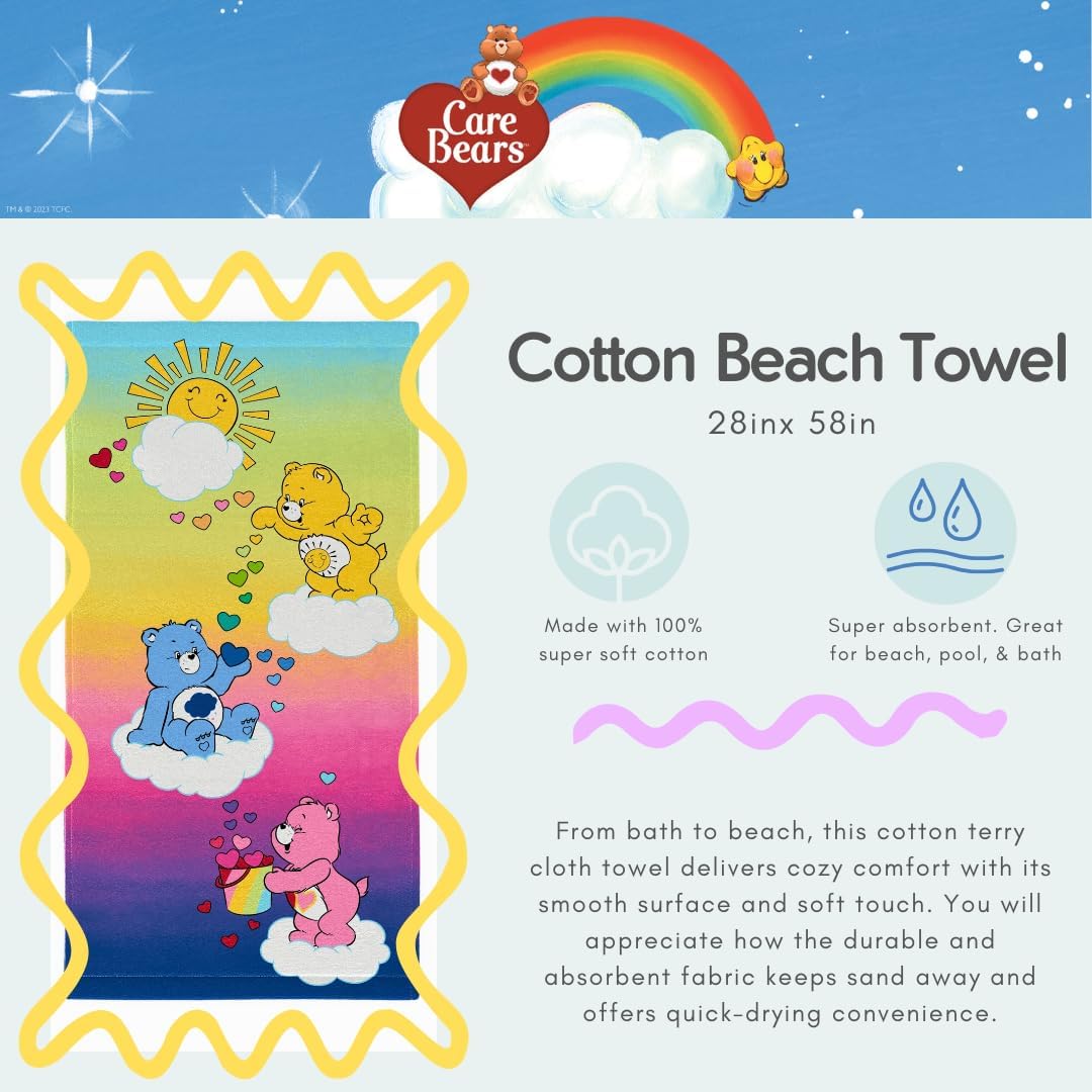 Care Bears Rainbow Kids Super Soft Cotton Bath/Pool/Beach Towel, 58 in x 28 in, (Offical Licensed Product) by Franco