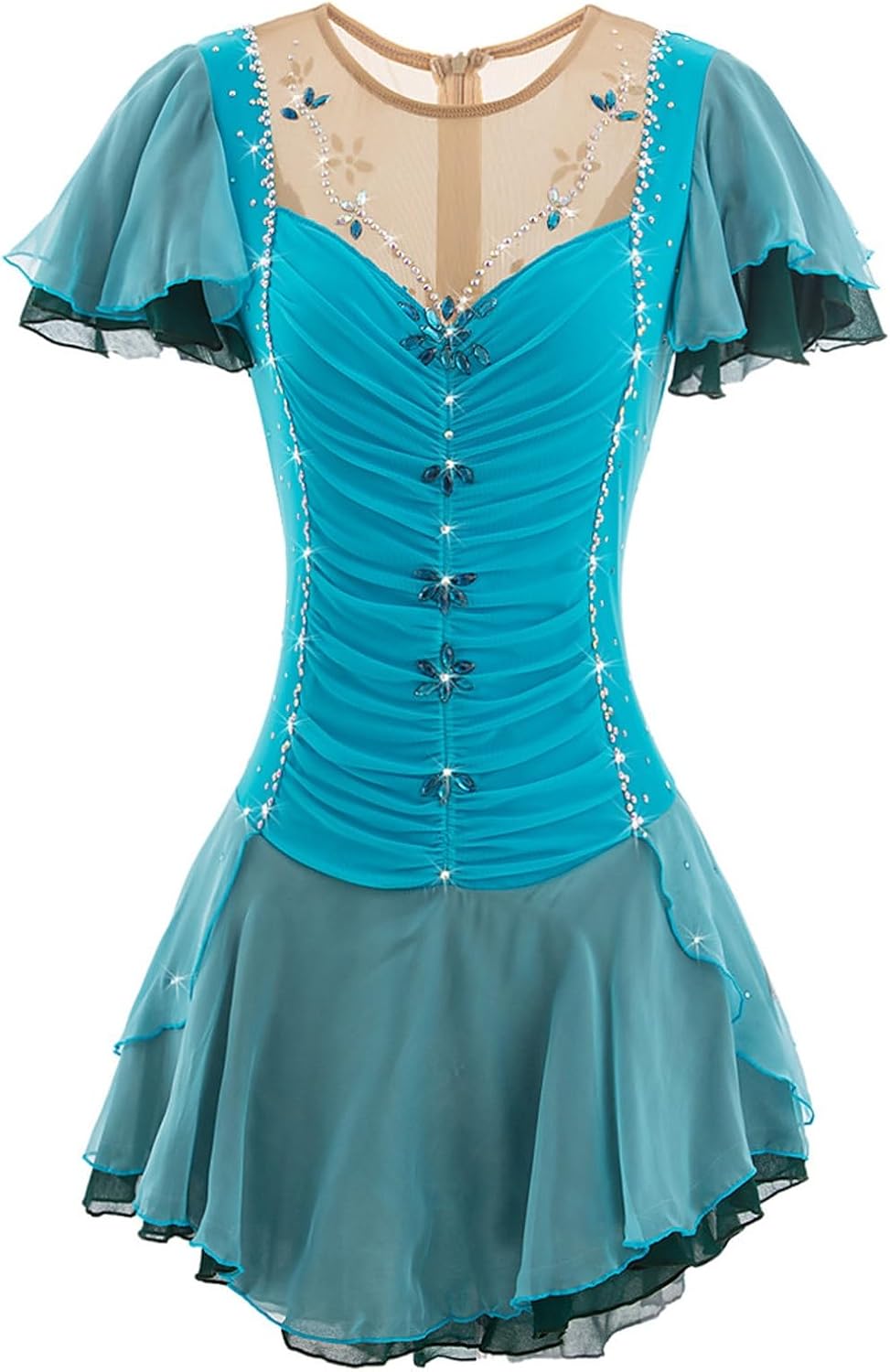 Figure Skating Dress Women Girl Short Sleeve Skating Wear Open Back Ice Skirt Wear Winter Sports Training Dress