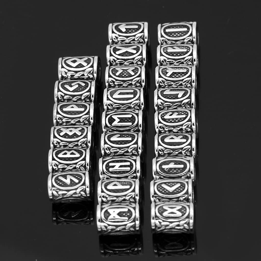 YABEME 24 Piezas Cuentas Runas Vikingas Acero Inoxidable - Cuentas Barba Pelo, para Trenzar Bricolaje Pulsera Collar Colgante, Nórdico Escandinavo para Hombres Mujeres Símbolos de Amuleto