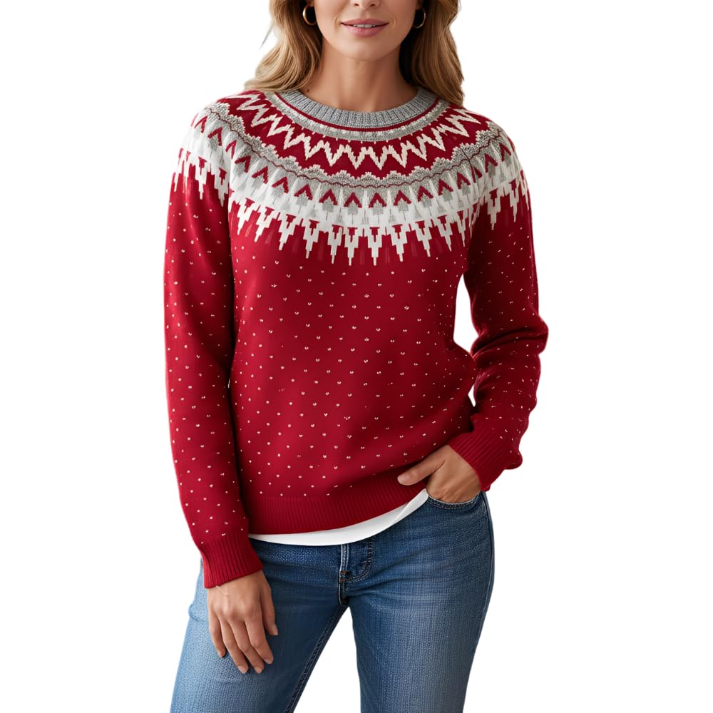 Womens Vintage Fair Isle Print Crewneck Ribbed Knit Sweater Fall Winter Long Sleeve Plus Size Pullover Jumper Top