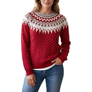 Womens Vintage Fair Isle Print Crewneck Ribbed Knit Sweater Fall Winter Long Sleeve Plus Size Pullover Jumper Top