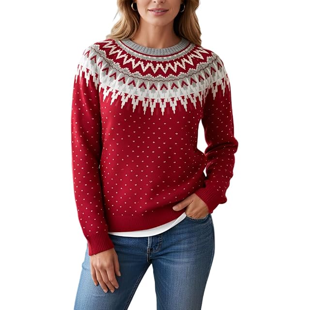 Womens Vintage Fair Isle Print Crewneck Ribbed Knit Sweater Fall Winter Long Sleeve Plus Size Pullover Jumper Top