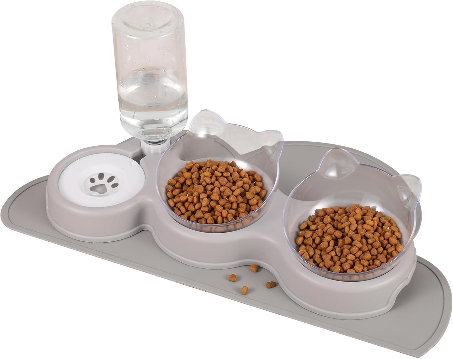 Radsocken 3-in-1 Cat Bowl with Anti-slip Protective Pad,Cat Bowl with Stand Tilted 15°,Double Cat Bowls with Water Dispenser,Petachable Pet Bowl,Anti-Spill and Adjustable Pet Food Bowl