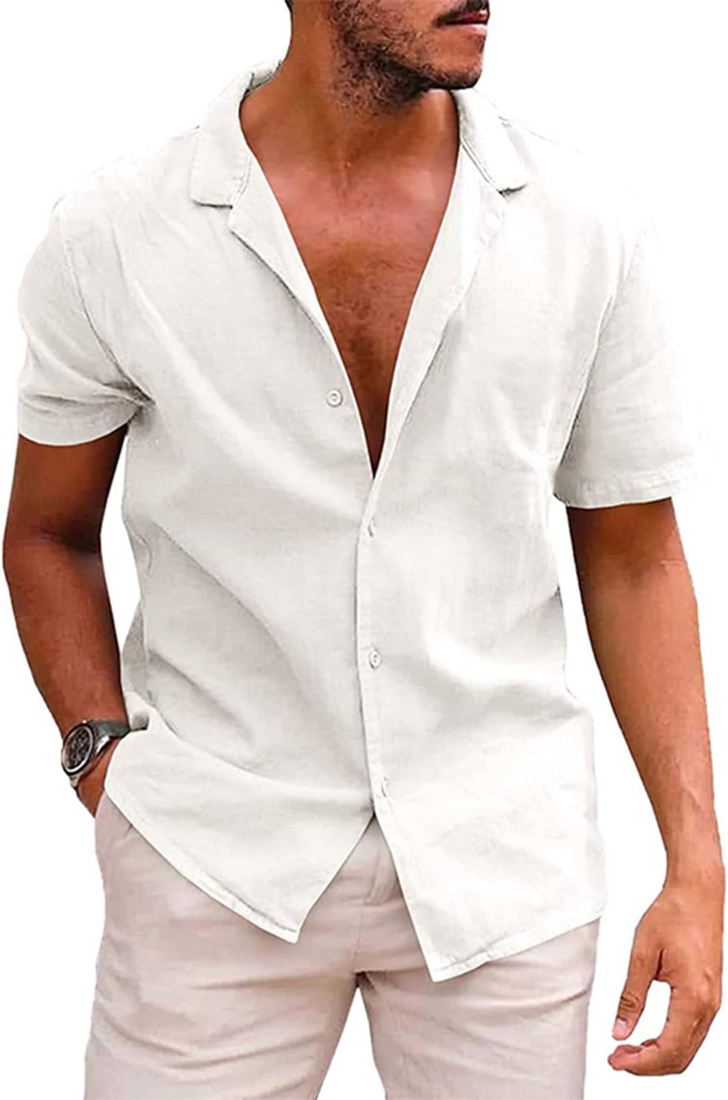 OphestinLinen Cotton Shirts Mens Casual Beach Shirts Short Sleeve Button Down Loose fit Summer Holiday Wedding Tops