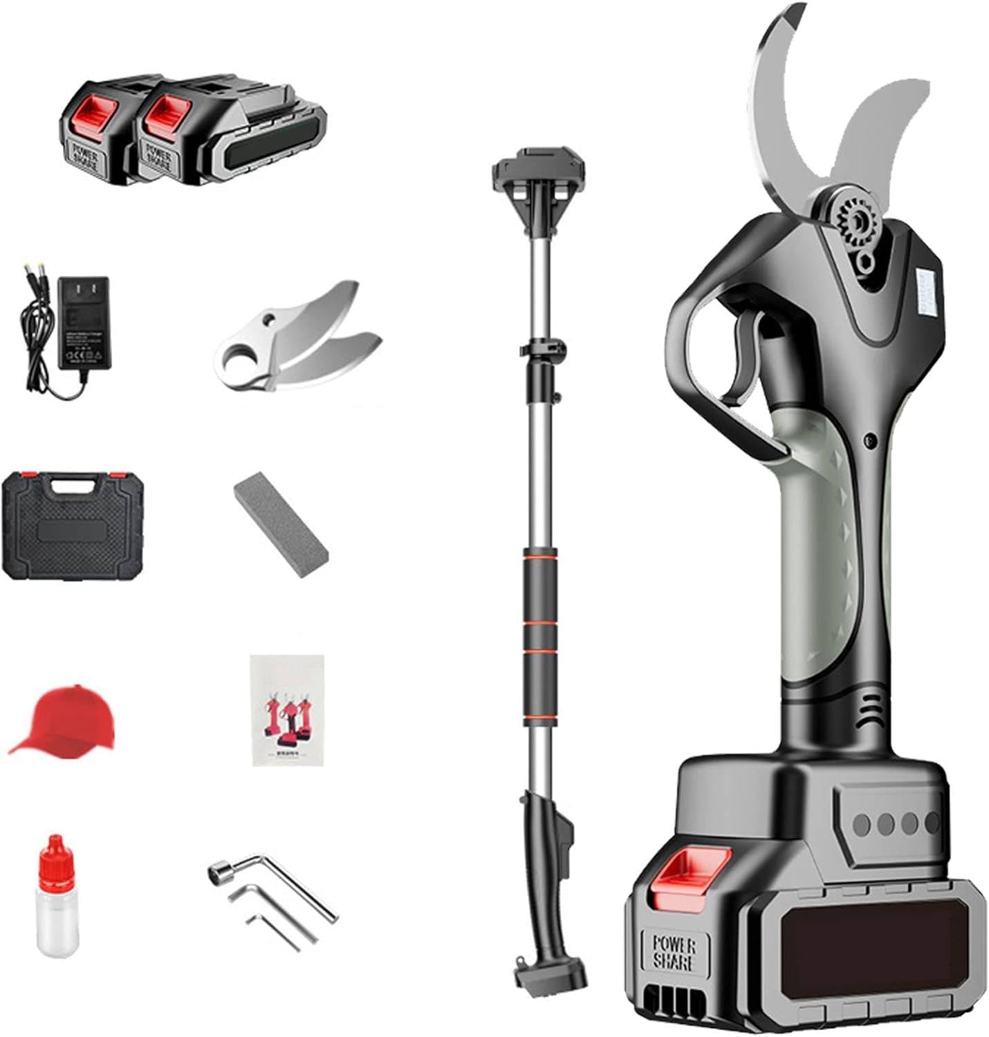 Profesjonalny sekator elektryczny, akumulatorowy sekator elektryczny, profesjonalny sekator elektryczny 45 mm z drążkiem teleskopowym 2,1 m, wyświetlacz LCD, bateria litowa,1battery