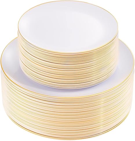 KIRE 100PCS Disposable Plates - White with Gold Rim for Thanksgiving Party/Wedding - Includes 50Pieces 10.25inch Dinner and 50Pieces 7.5inch Dessert/Salad Plates