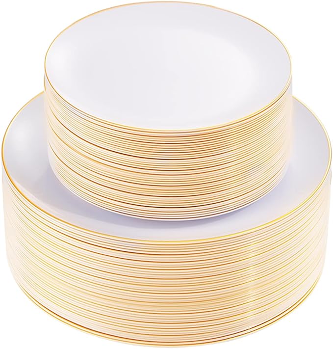 KIRE 100PCS Disposable Plates - White with Gold Rim for Thanksgiving Party/Wedding - Includes 50Pieces 10.25inch Dinner and 50Pieces 7.5inch Dessert/Salad Plates