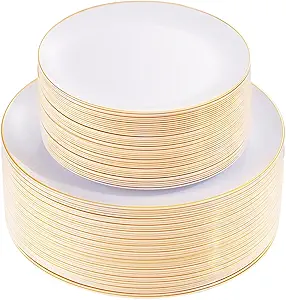 KIRE 100PCS Disposable Plates - White with Gold Rim for Thanksgiving Party/Wedding - Includes 50Pieces 10.25inch Dinner and 50Pieces 7.5inch Dessert/Salad Plates