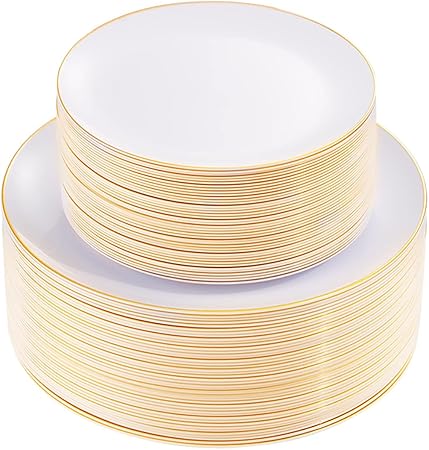 KIRE 100PCS Disposable Plates - White with Gold Rim for Thanksgiving Party/Wedding - Includes 50Pieces 10.25inch Dinner and 50Pieces 7.5inch Dessert/Salad Plates