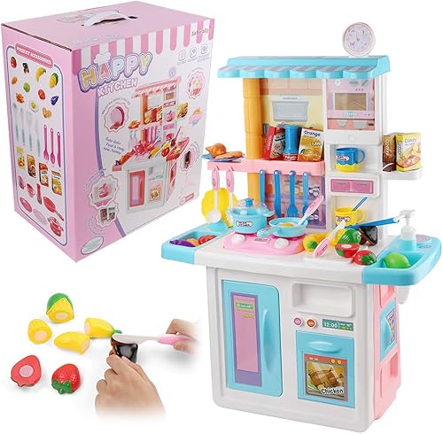 Juguete de cocina para niña, juego de cocina, juego de accesorios de juguete de comida de simulación con luces de sonido real, fregadero de juego,