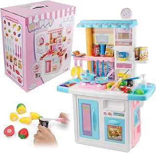 Kitchen Playset Cutting Food Pretend Play Set with Realistic Sound, Lights and Play Sink