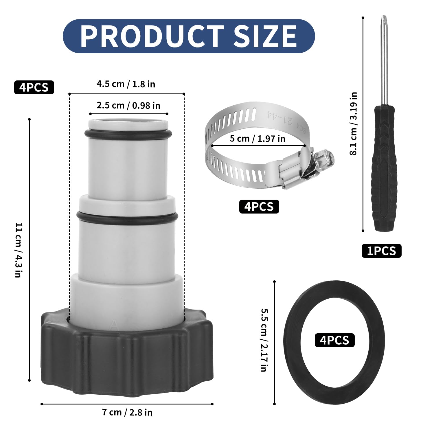 Adapter węża basenowego 4PCS, adapter do basenu Intex, zestaw adaptera węża basenowego, adapter węża do pompy, złącze do węża basenowego Ø 32 i 38 mm, adapter węża basenowego