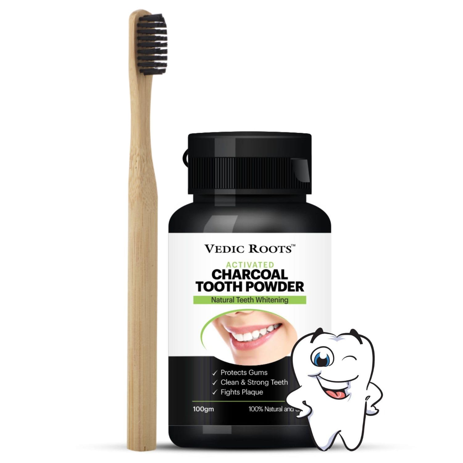 VEDIC ROOTSActivated Charcoal Teeth Whitening Powder | Organic Tooth Gums Whitener Charcoal Powder for Yellow Teeth | Sensitivity Cavity Pyria Relief | Bad Breath, Mouth Smell Remover - 100 gm