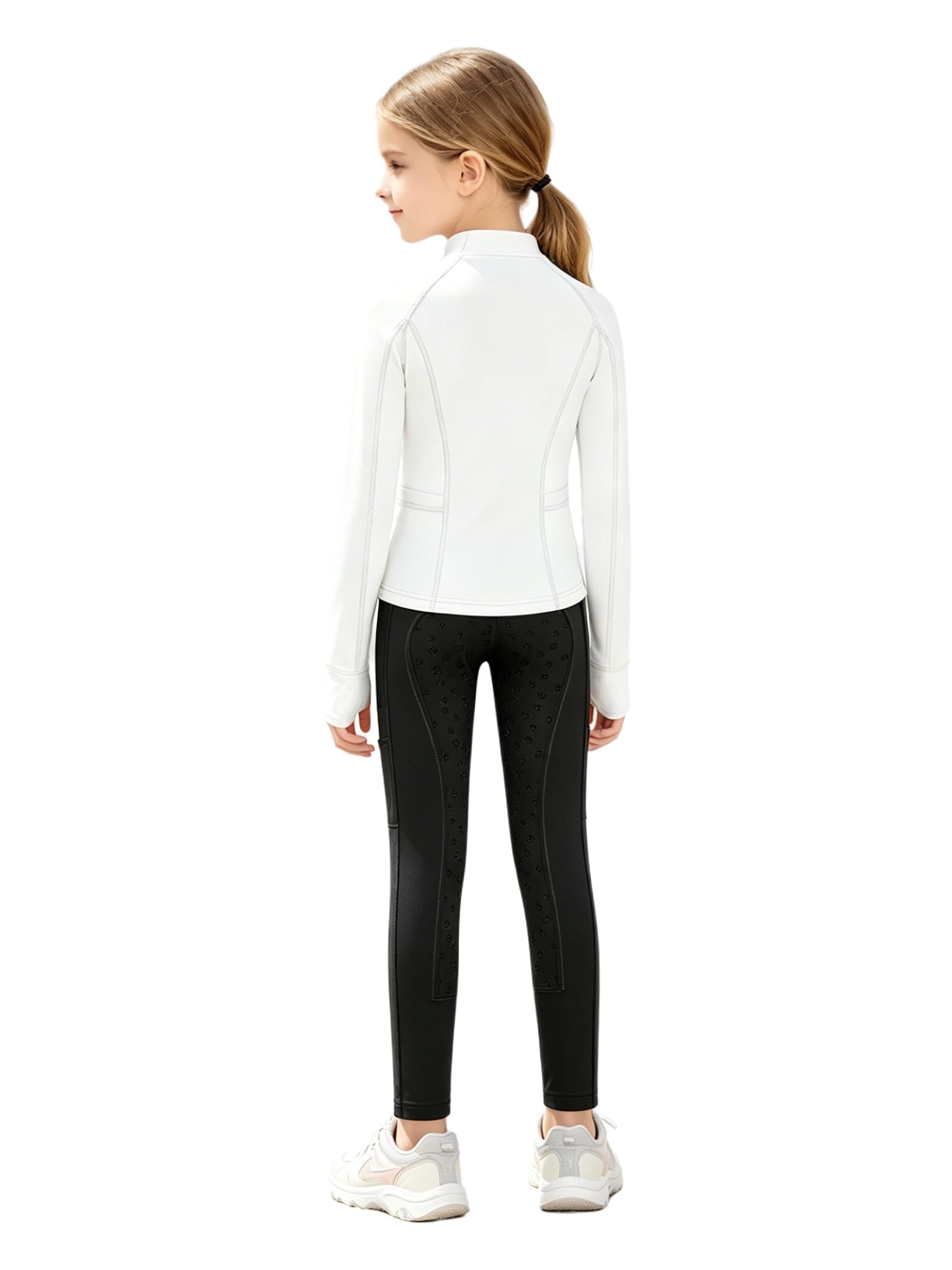 Set Equitazione Bambine sopra Lequitazione Maniche Lunghe Crop Top Completamente Ricamato Pantaloni Lequitazione Leggings con Patch in Silicone al Ginocchio