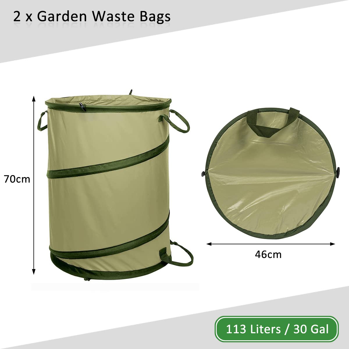 Sacco per rifiuti da giardino con 3 manici, 2 sacchi per rifiuti da 113 l/30 gal, sacco da giardino con tasche di stoccaggio, resistente agli strappi, robusto e pieghevole