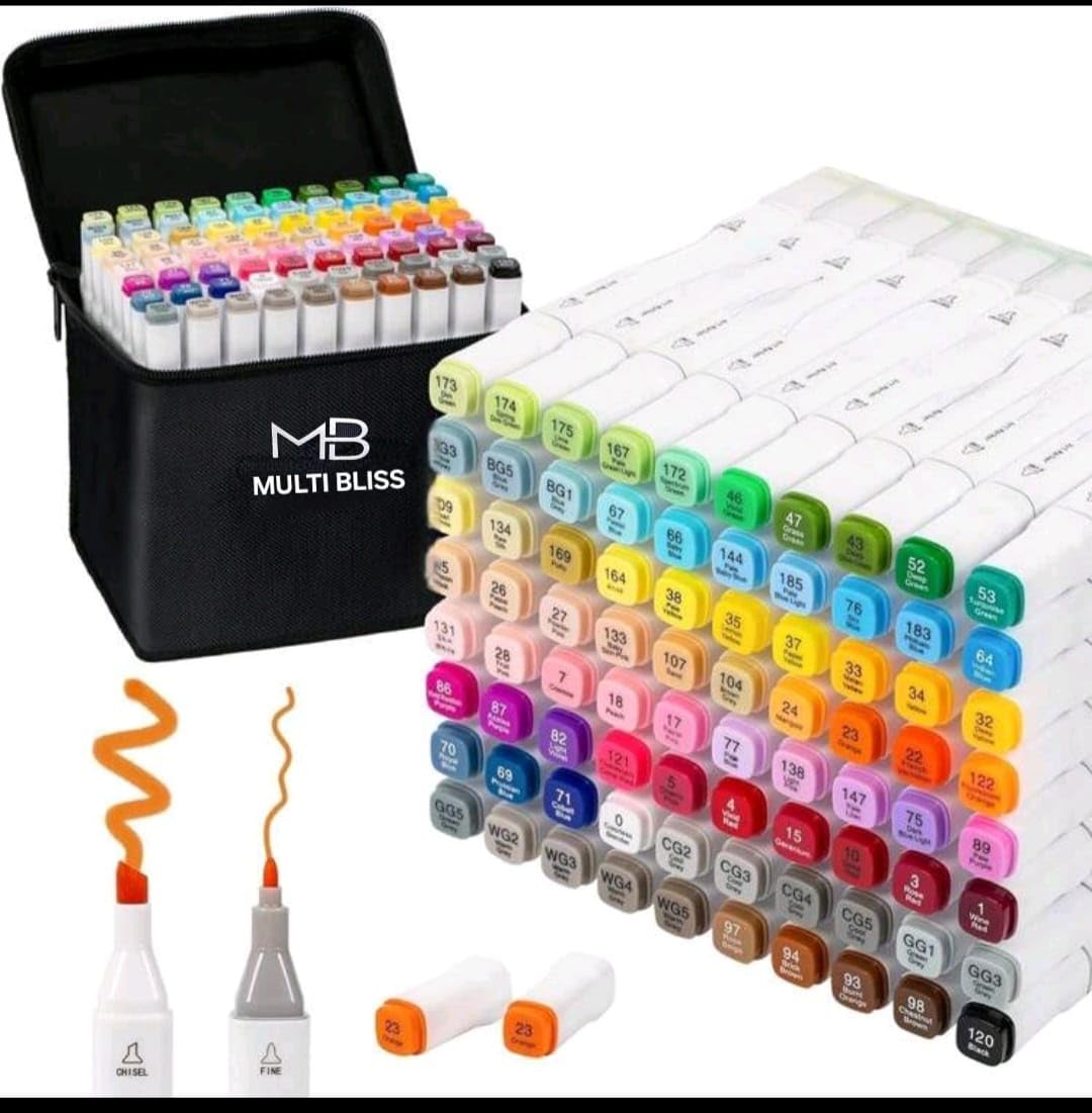 MULTI BLISS® 80 pcs Dual color Alcohol Based Dual Tips Art Markers Highlighter Pen Sketch Permanent Art Marker Pens with Blender, Silver & Gold Glitter For Drawing Markers