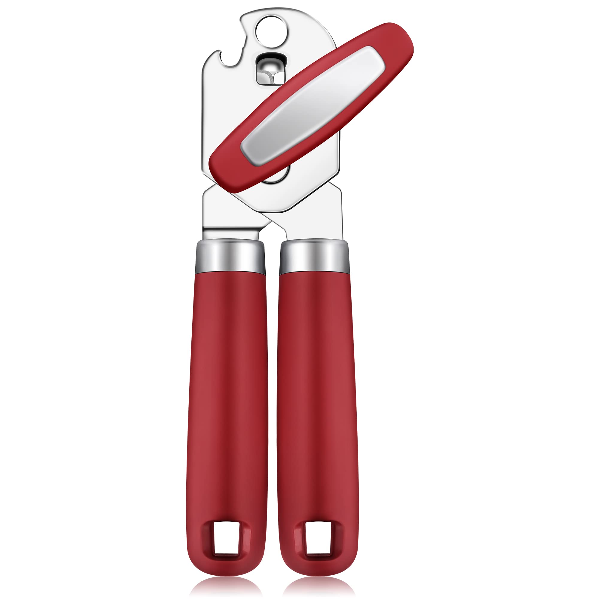 Rainspire Abrelatas manual de mano fuerte abrelatas manual de corte de borde suave, abrelatas resistente, mango suave cómodo, abridor de botellas integrado, rojo