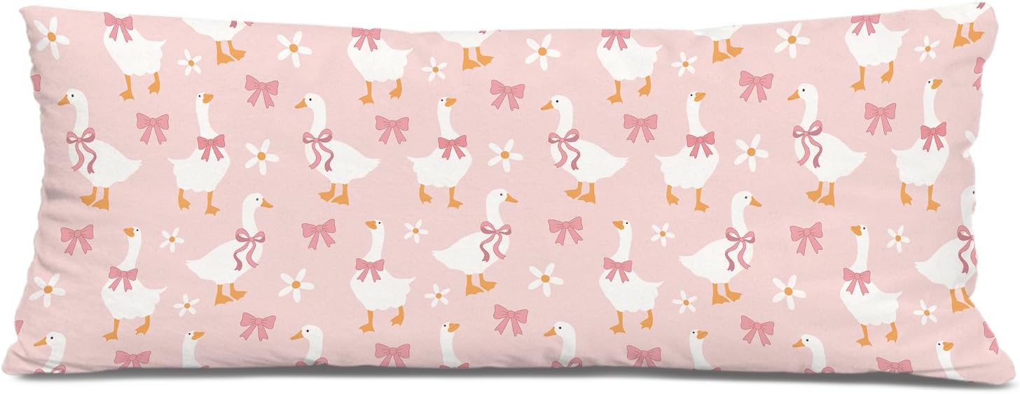 Coquette Pink Bow Cute Goose 20x54 Body Pillow Cover Case with Zipper for Girls Kids Room Nursery, Girly Preppy Pink Farm Animal Goose Long Body Pillow Pillowcase for Adults Kids