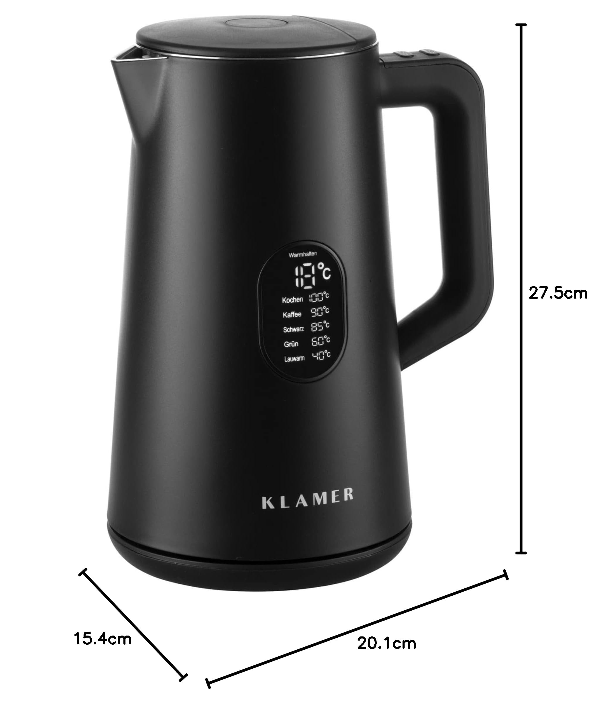 KLAMER Edelstahl Wasserkocher mit Temperatureinstellung 40-100°C, Warmhaltefunktion, mattschwarzes Kaltgehäuse, doppelwandiger 1,5L Teekocher mit 1800W, BPA-frei