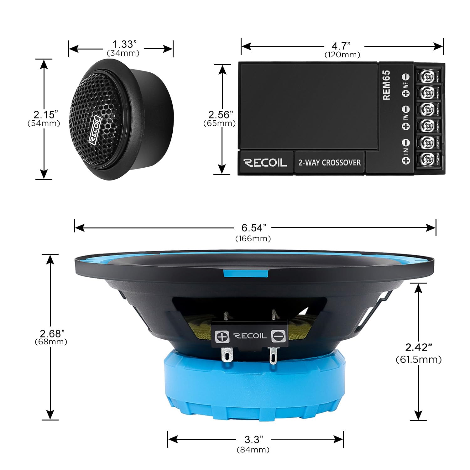 RECOIL REM65 Echo Series Altoparlanti Auto Componenti da 6,5" (165mm) - Sistema 2 Vie, 200W/100W RMS, Tweeter in Seta Regolabile