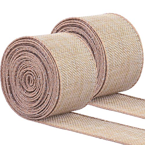 URATOT 2 Rolls Burlap Fabric Craft Ribbon Jute Burlap Linen Ribbon Wired Ribbon Christmas Wrapping Ribbon for Christmas Crafts Decoration, Floral Bows Craft, 472 by 1.9 Inches (Tan, 5cm x 6m)