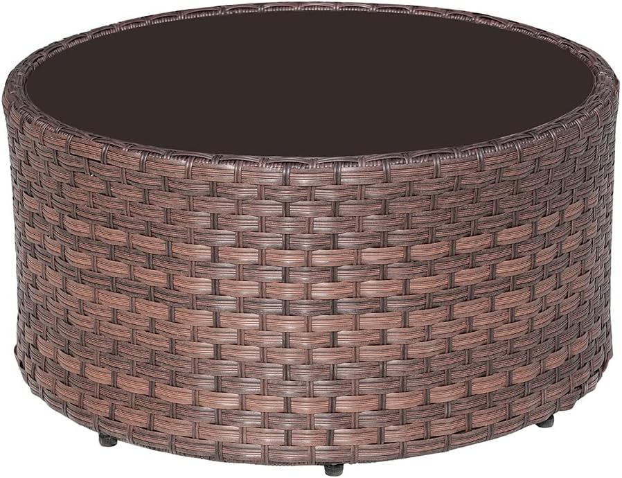 SUNSITT Round Outdoor Coffee Table with Tempered Glass Top, Rattan PE Resin Wicker Patio Side Table, Brown
