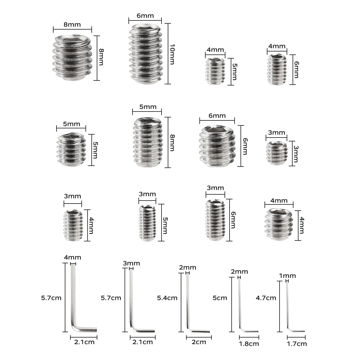 Set assortimento da 250 viti senza testa, grani con chiave a brugola, viti a testa esagonale per maniglie delle porte, rubinetto – M3/M4/M5/M6/M8