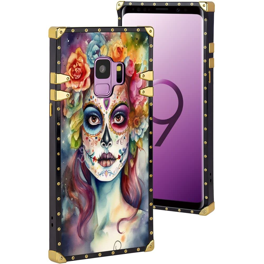 SHENCANG BLUE Designed Phone Case for Samsung Galaxy S9 Designer Sugar Skull Art-41 Design Black Frame Smartphone Cover Soft TPU Shockproof Mobile Phone Case