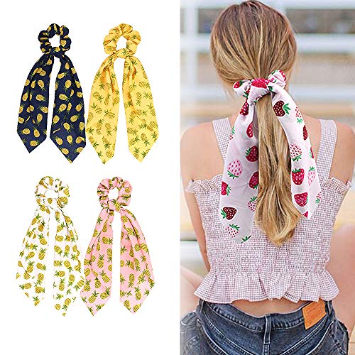 4 Pack Fruits Print Hair Scarf Scrunchies Strawberry Pineapple Hair Scarves Ponytail Holder Scrunchy Ties Chiffon Floral Scarf Scrunchies for Women (Pineapple)